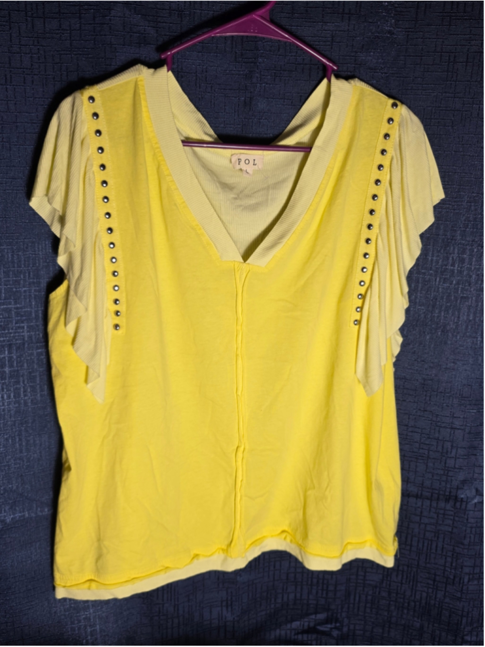 Women's POL Yellow Short Sleeve Tee L silver accents ruffles trendy beach